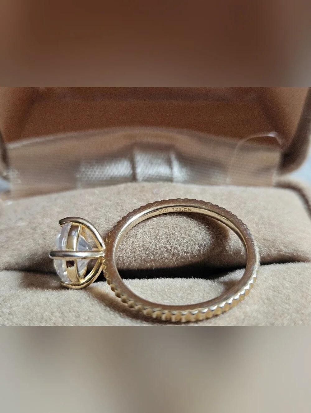 Classic Gold Tone Solitaire Ring with Clear Stone Sterling Silver Size 7